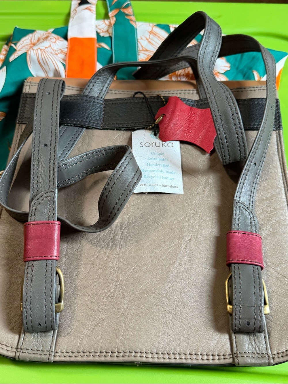Well made, genuine leather color block backpack, made by Soruka, - Picture 14 of 14